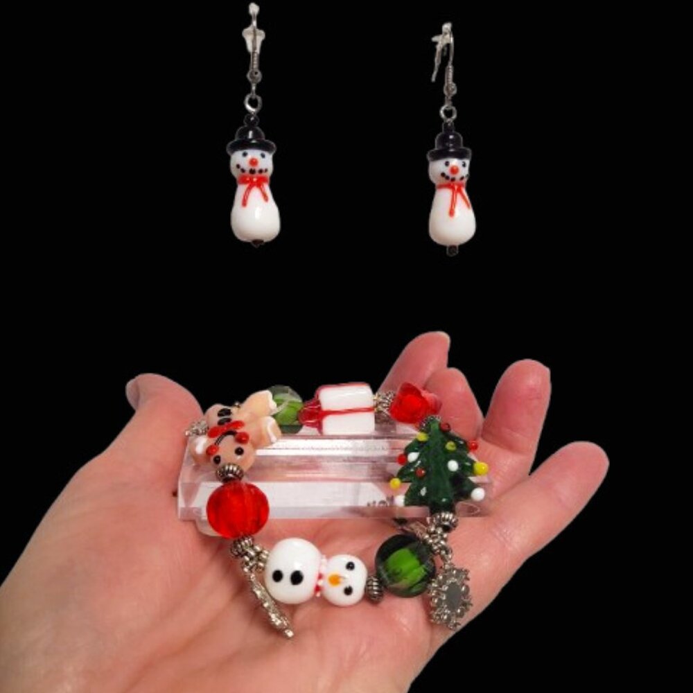 Snowman, Gingerbread Man and Christmas Tree Bracelet and Earrings Set